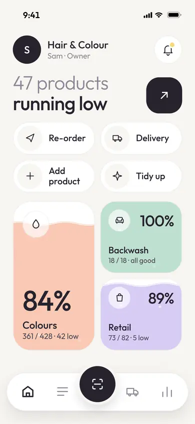 StockTend home screen showing 47 products running low and stock levels for colours, backwash and retail