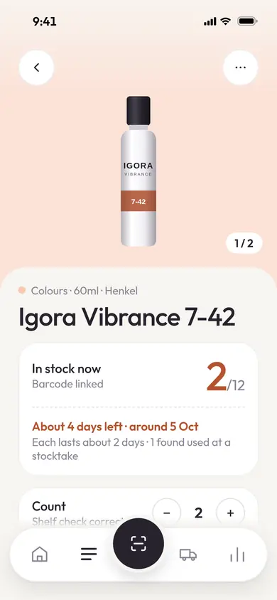 Stocktend product page for Igora Vibrance 7-42: 2 of 12 in stock, about 4 days left, and a count stepper for a shelf check
